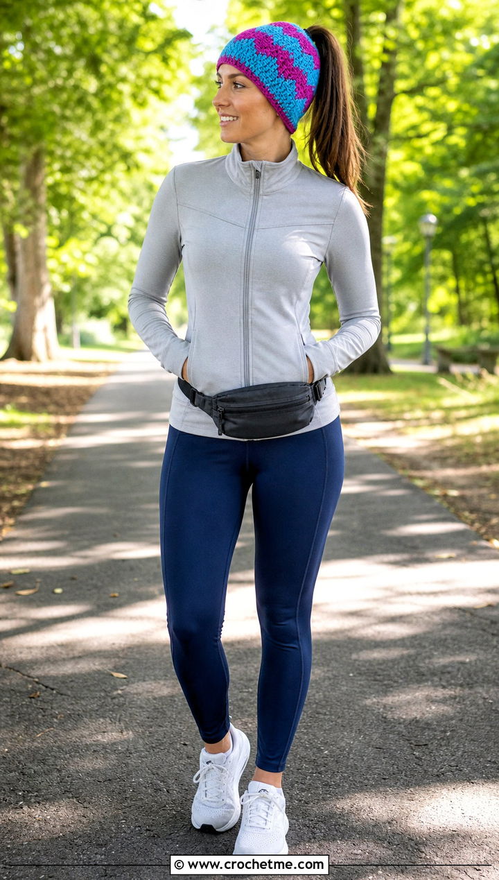 Mosaic Crochet Ponytail Beanie With Running Set - 35 mosaic crochet hat outfit ideas