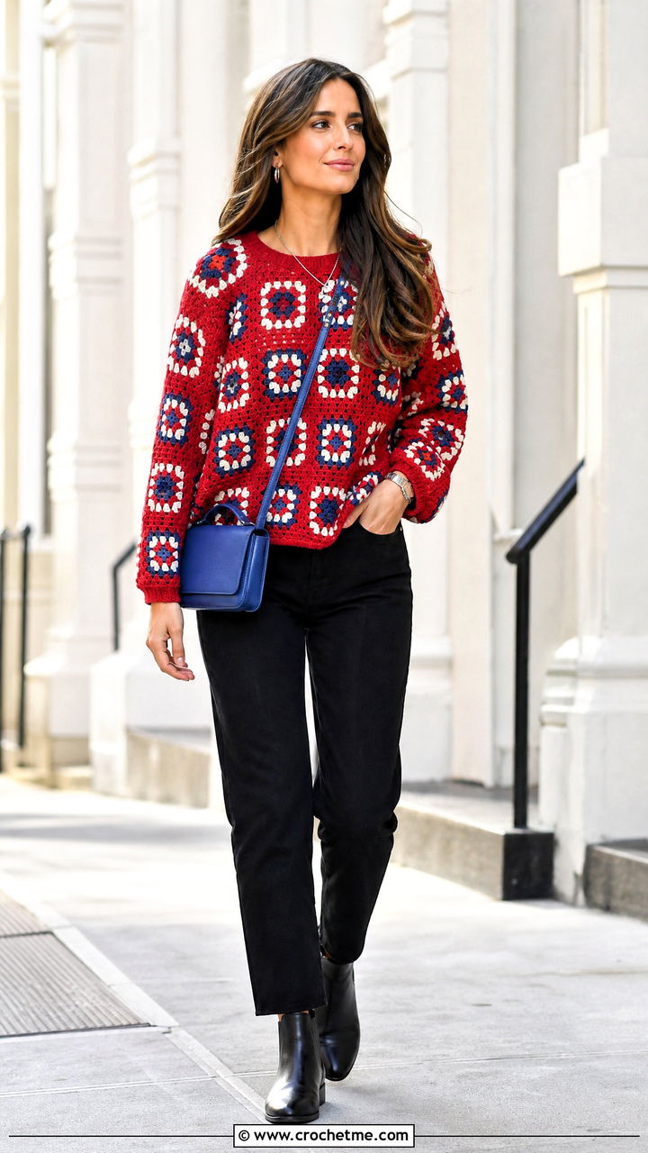 Mosaic Crochet Pullover With Black Jeans - 35 crochet pullover outfit ideas