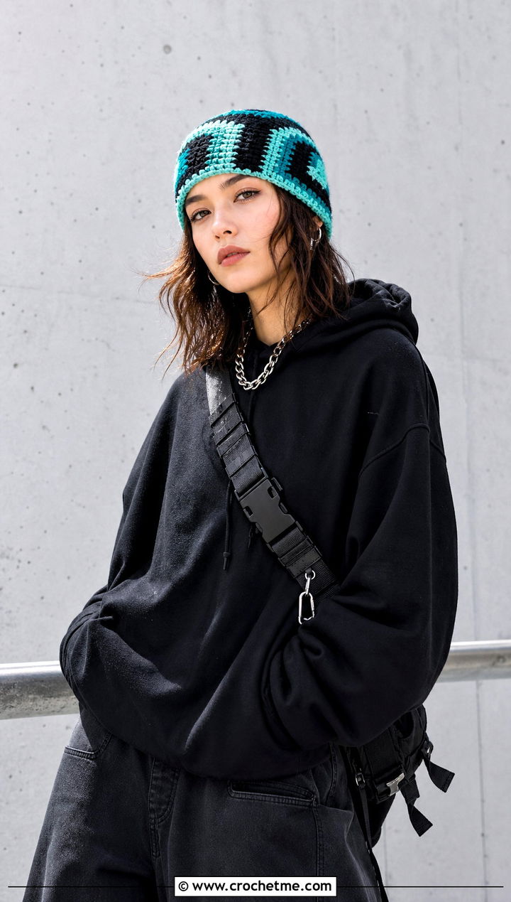 Mosaic Crochet Rectangle Beanie With Monochrome Streetwear - 25 Crochet Rectangle Beanie outfit ideas