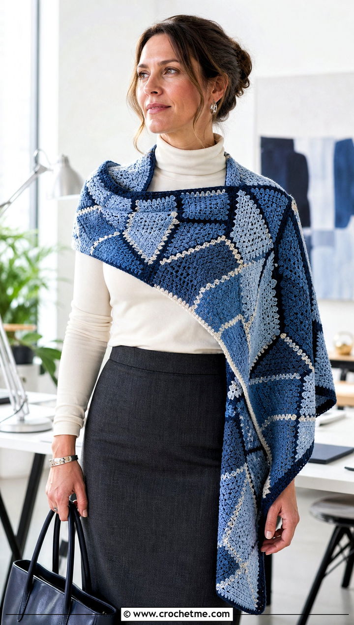 Mosaic Crochet Rectangular Shawl With Pencil Skirt - 30 crochet rectangular shawl outfit ideas