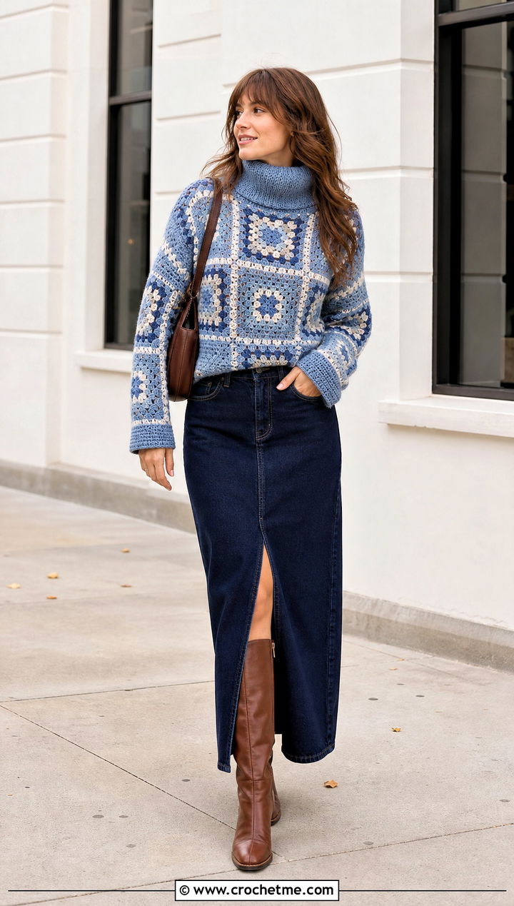 Mosaic Crochet Roll Neck Sweater With a Denim Maxi Skirt - 20 Crochet Roll Neck Sweater outfit ideas