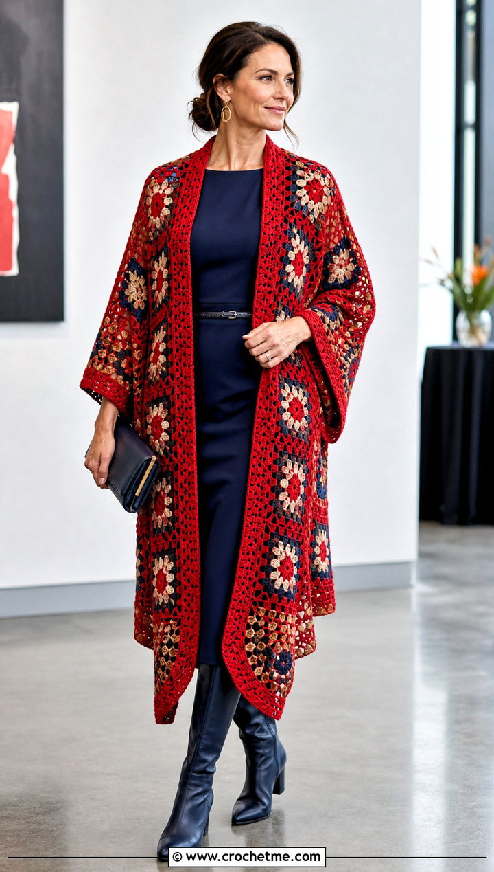 Mosaic Crochet Ruana Shawl With Column Dress - 30 mosaic crochet shawl outfit ideas