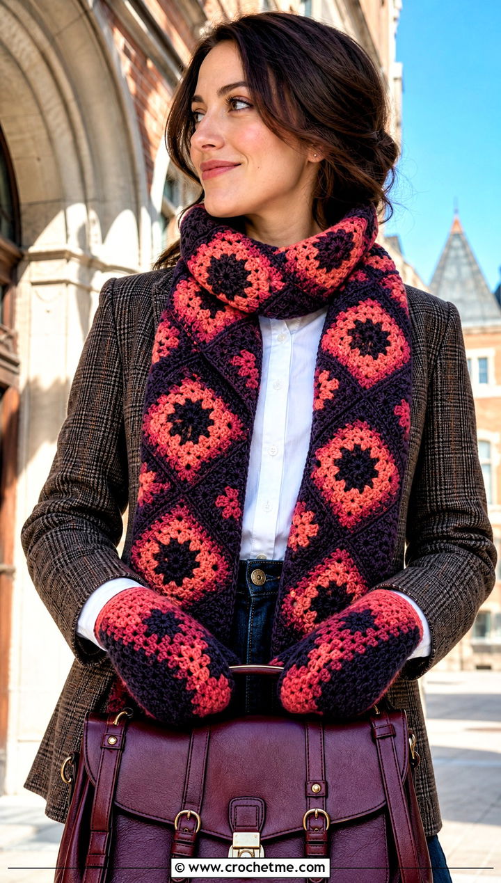 Mosaic Crochet Scarf And Color Block Mittens With Plaid Blazer - 15 Crochet Scarf And Mittens Set outfit ideas
