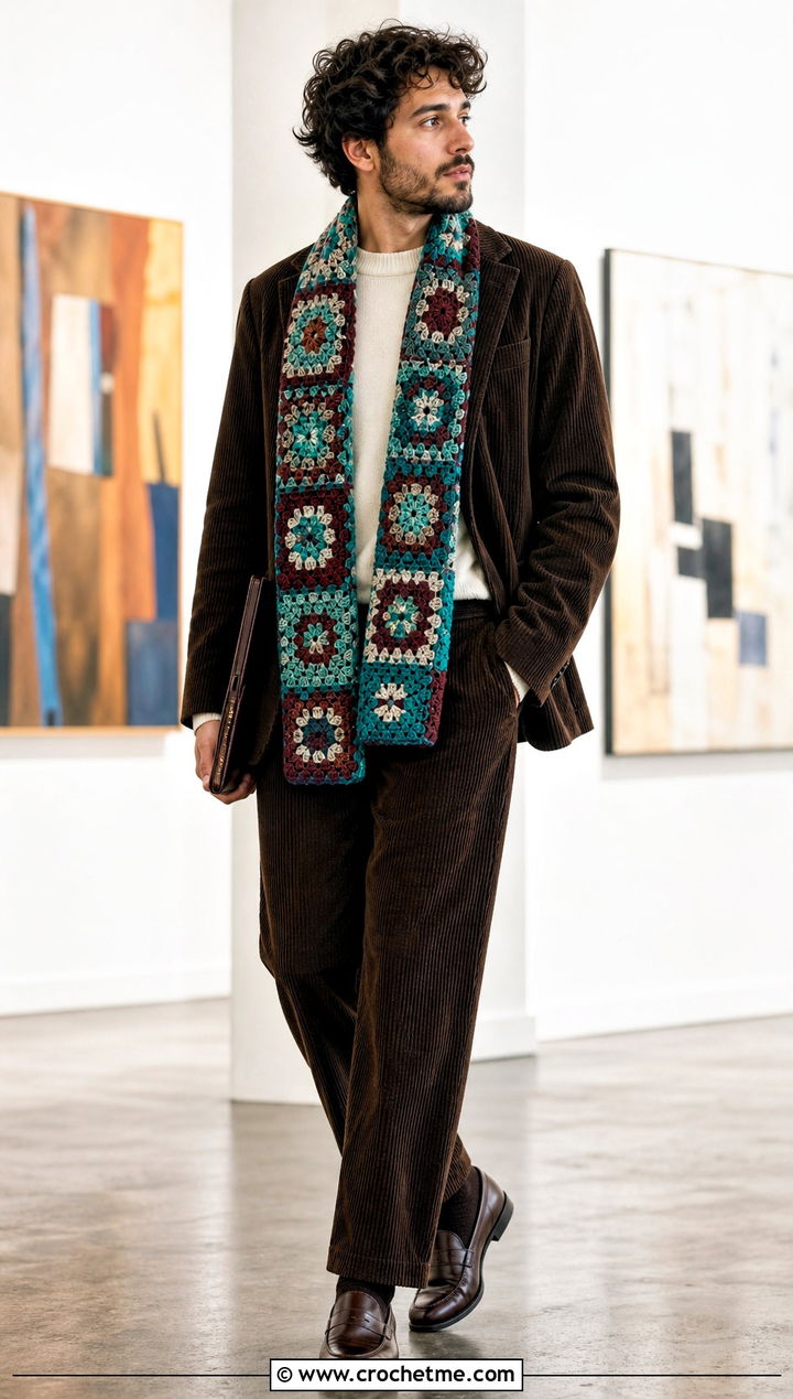 Mosaic Crochet Scarf With Corduroy Suit - 35 men crochet scarf outfit ideas