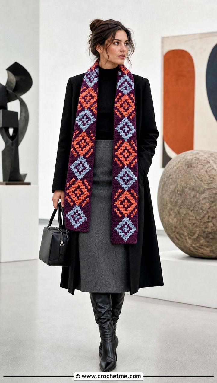 Mosaic Crochet Scarf With Minimal Coat and Column Skirt - 35 Winter Crochet Scarf outfit ideas