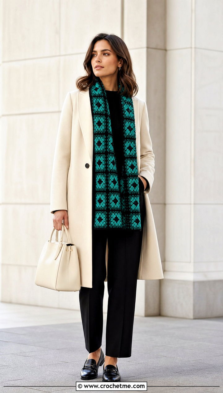 Mosaic Crochet Scarf With Minimalist Coat - 35 crochet neck scarf outfit ideas