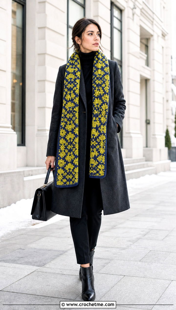 Mosaic Crochet Scarf With Minimalist Coat - 35 cute crochet scarf outfit ideas