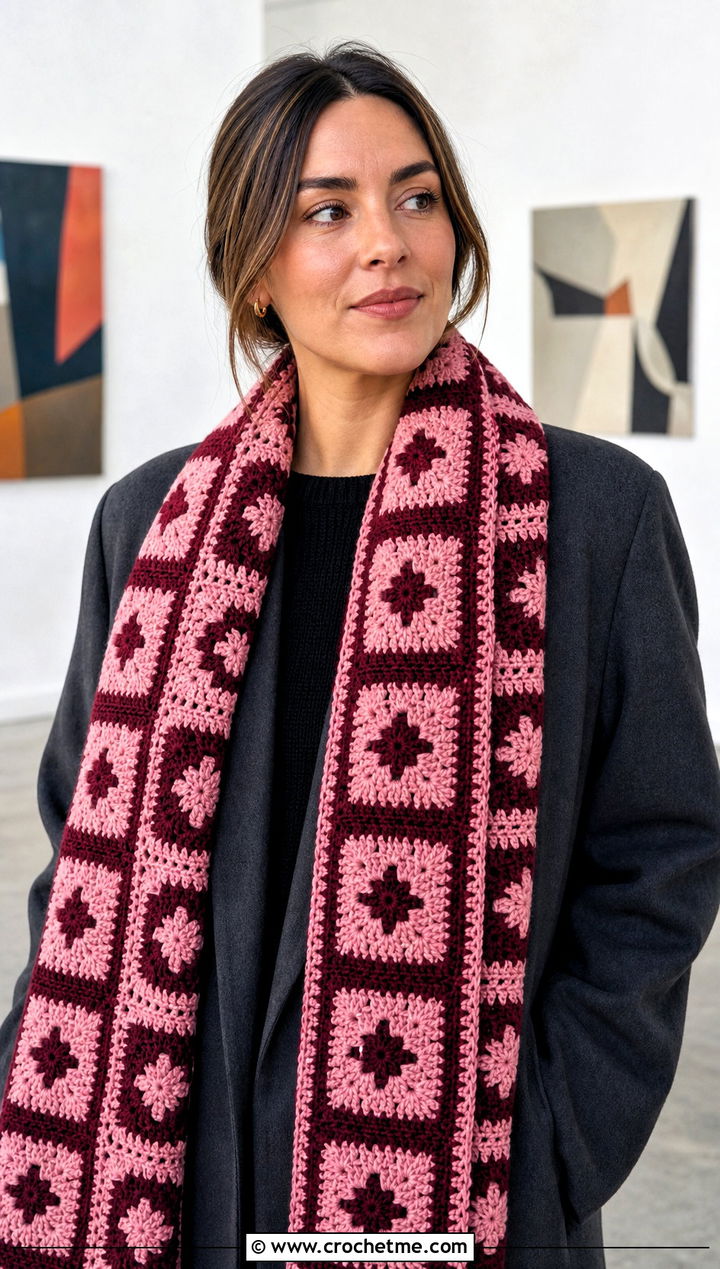 Mosaic Crochet Scarf With Minimalist Coat - 30 wanderlust crochet scarf outfit ideas