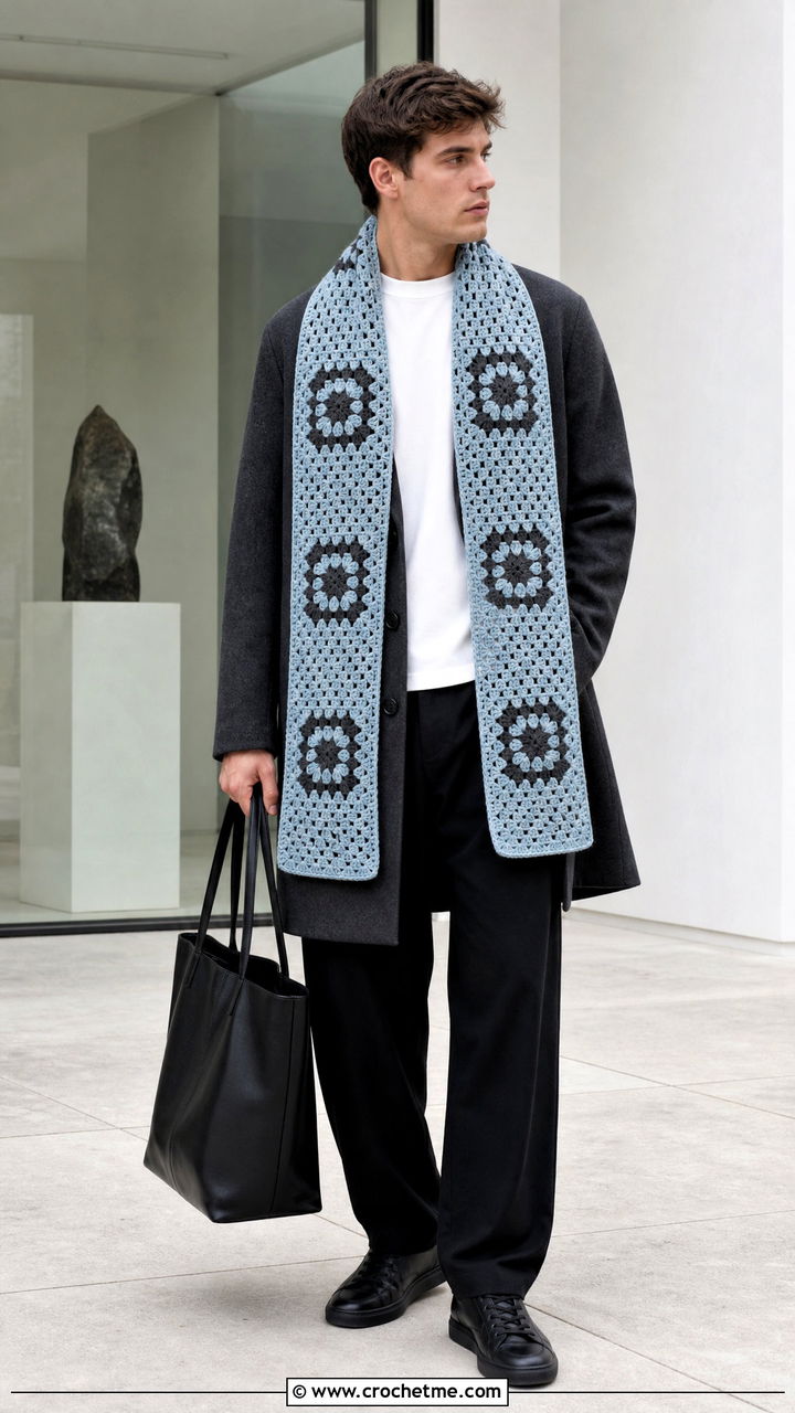 Mosaic Crochet Scarf With Minimalist Wool Coat - 35 crochet scarf for men outfit ideas