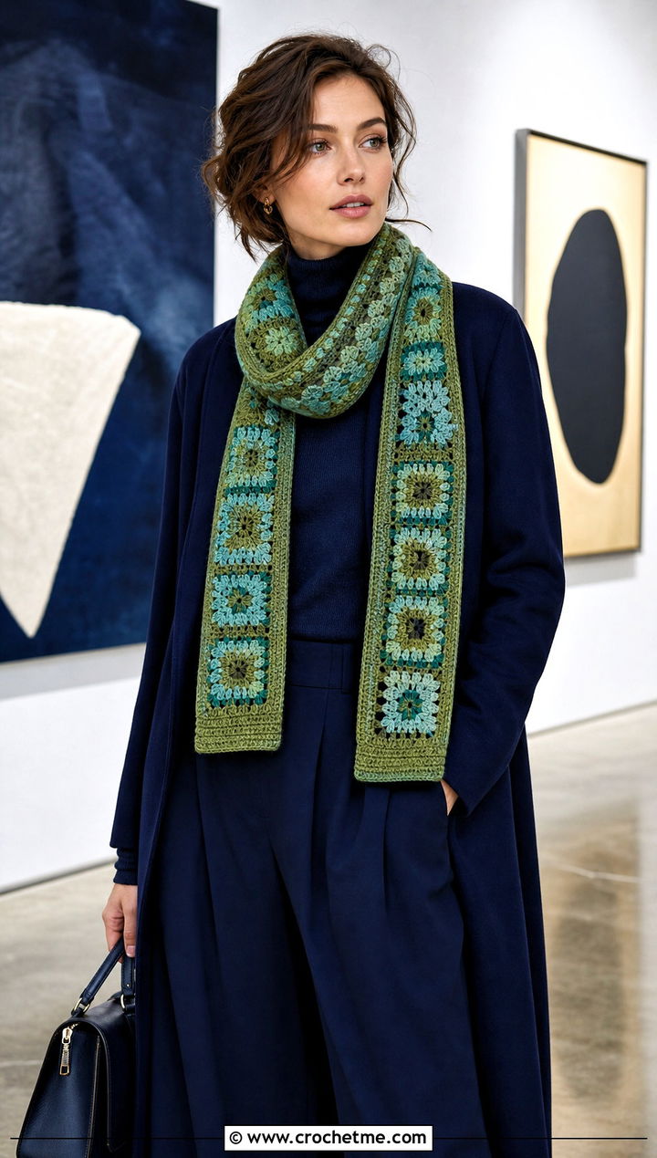 Mosaic Crochet Scarf With Monochrome Outfit - 15 Winter Crochet Scarf Design outfit ideas