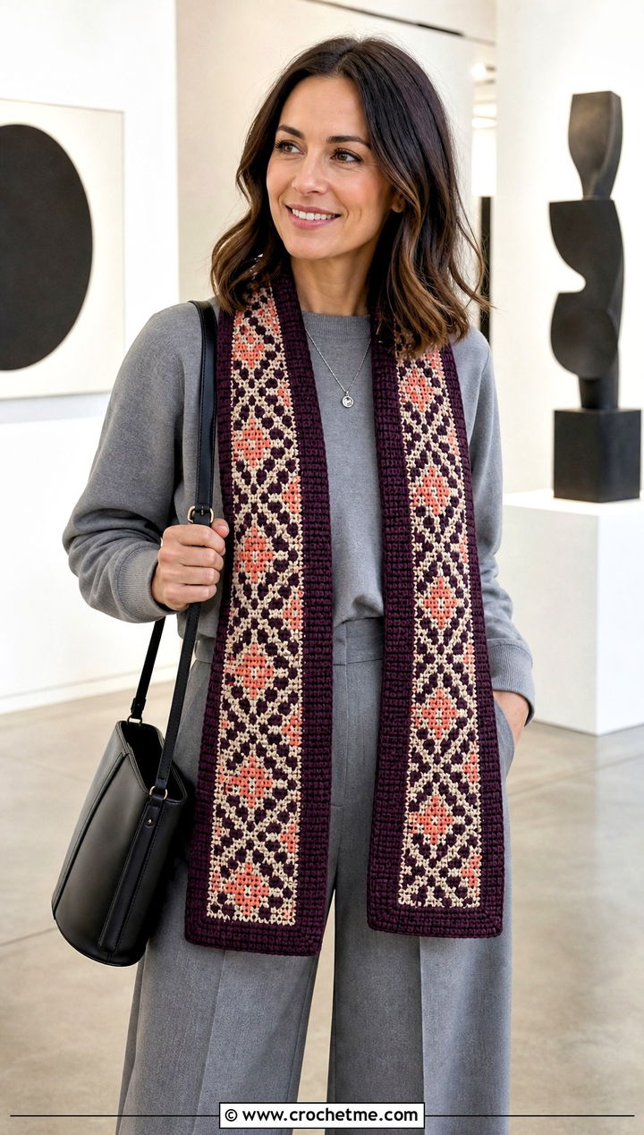 Mosaic Crochet Scarf With Monochrome Outfit - 25 boho crochet scarf outfit ideas