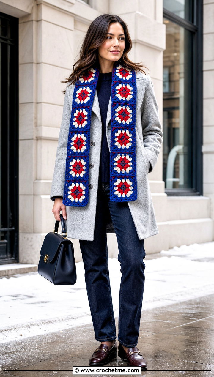 Mosaic Crochet Scarf With Peacoat - 35 crocheted scarf outfit ideas