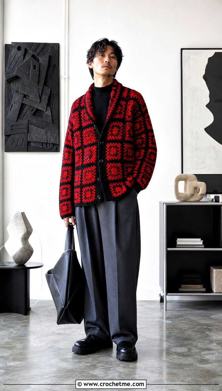 Mosaic Crochet Shawl Collar Cardigan With Wide Leg Pants - 20 Mens Crochet Shawl Collar Cardigan outfit ideas
