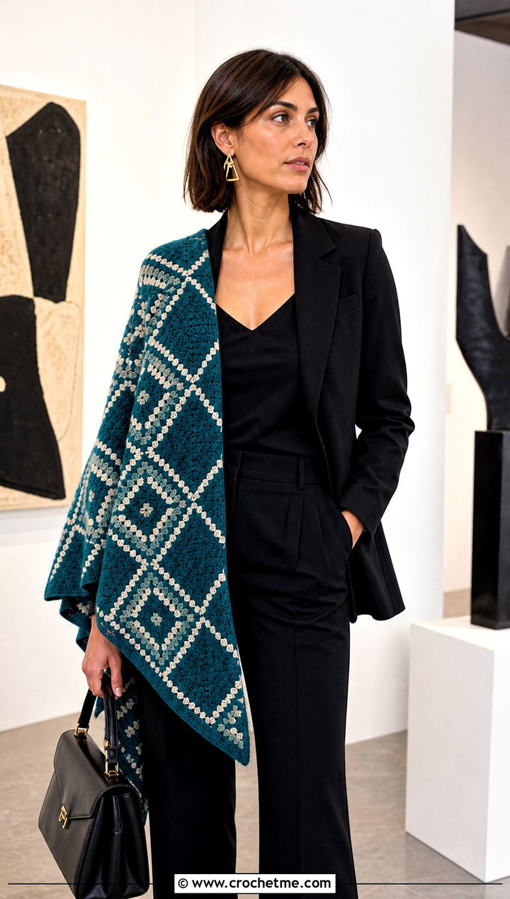 Mosaic Crochet Shawl With A Monochrome Pantsuit - 15 bright crochet shawl outfit ideas