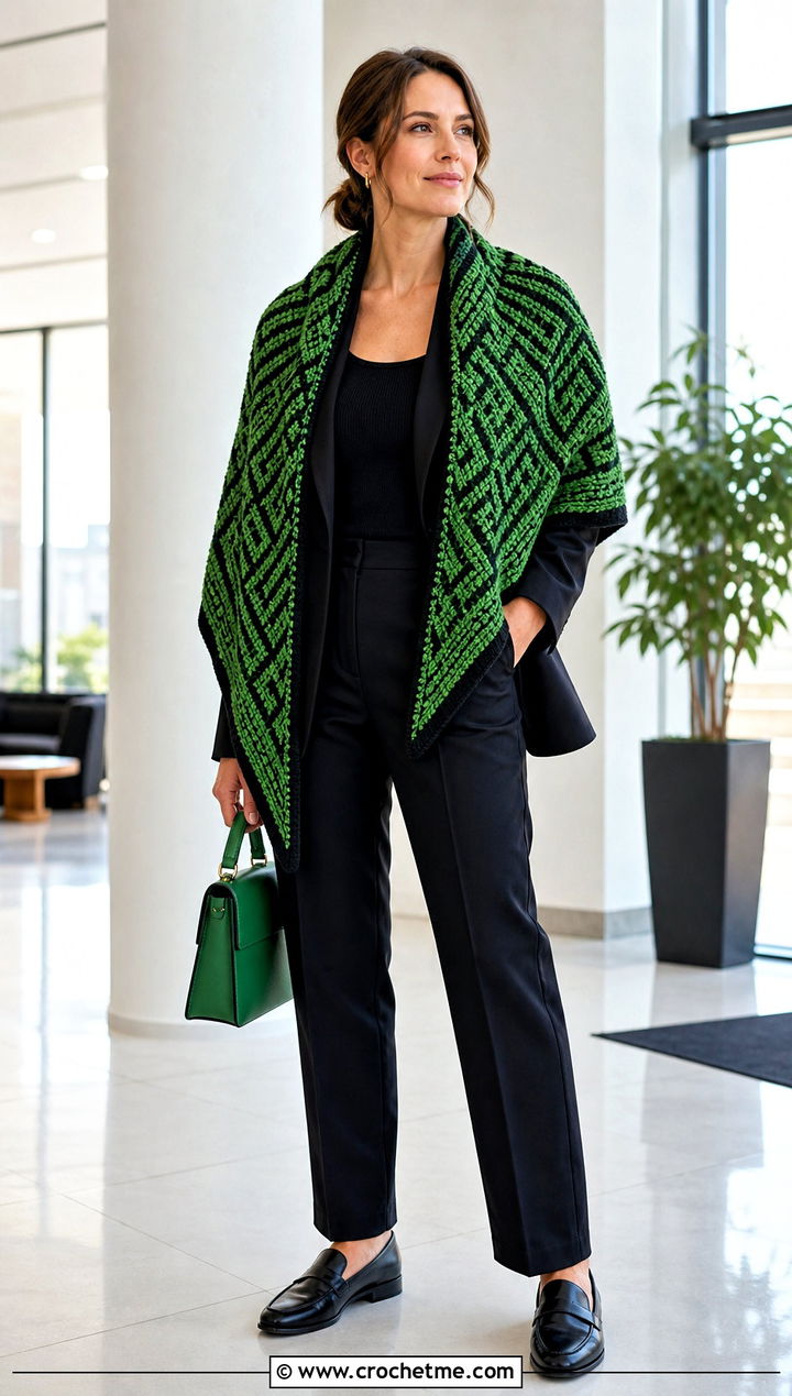 Mosaic Crochet Shawl With Black Blazer And Trousers - 35 easy crochet shawl outfit ideas