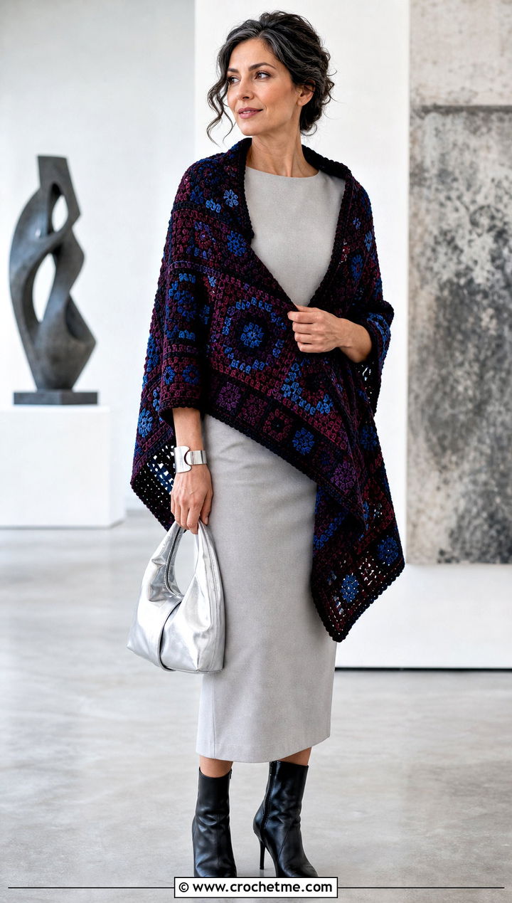 Mosaic Crochet Shawl With Column Dress - 30 boho crochet shawl outfit ideas