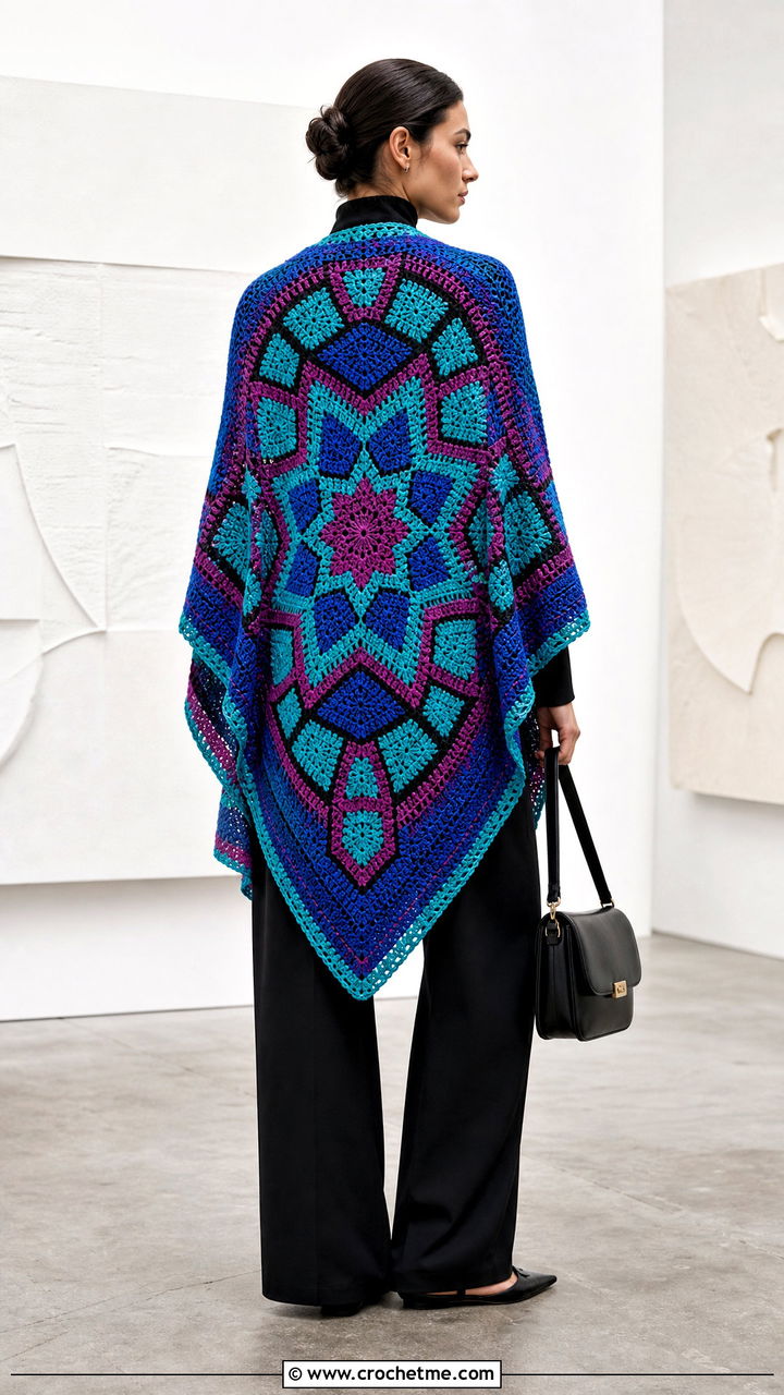 Mosaic Crochet Shawl With Minimal Black Outfit - 35 crochet shawls and wraps outfit ideas