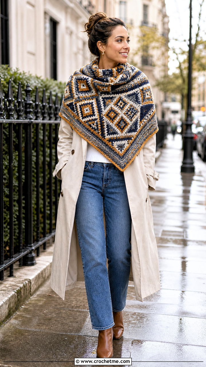 Mosaic Crochet Shawl With Trench Coat - 35 easy simple crochet shawl outfit ideas