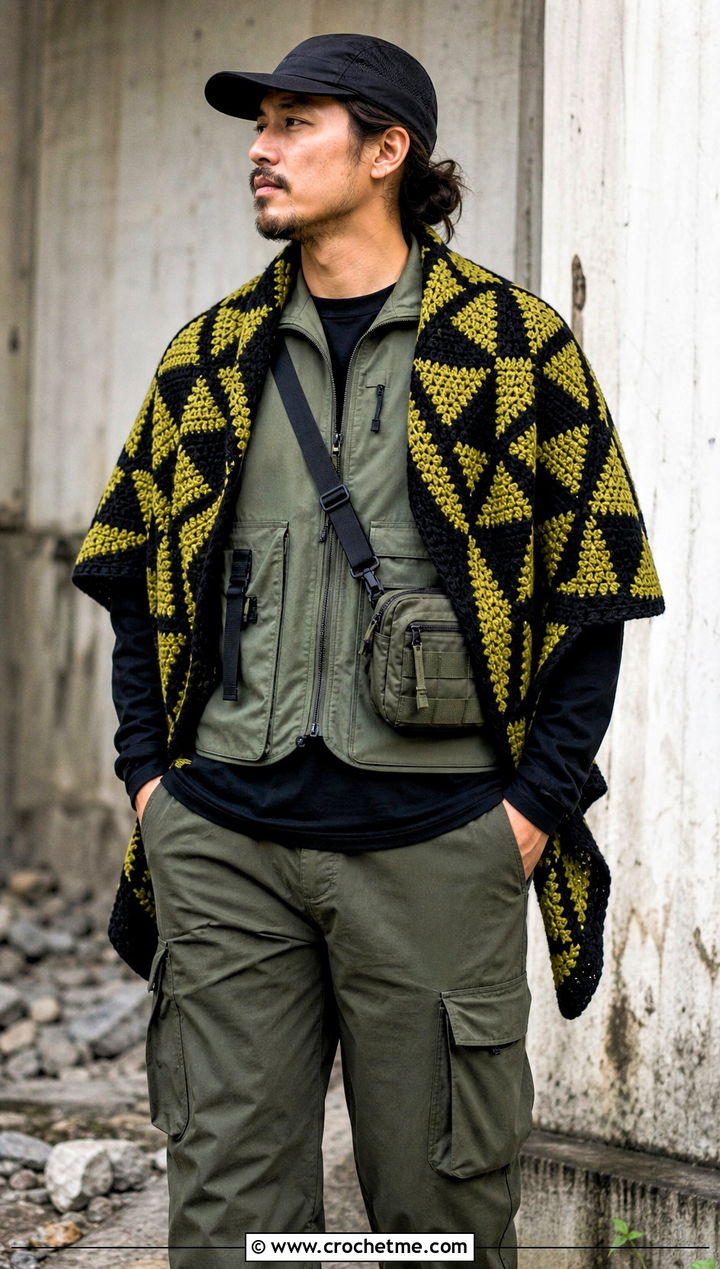 Mosaic Crochet Shawl With Utility Vest - 30 crochet shawl for men outfit ideas
