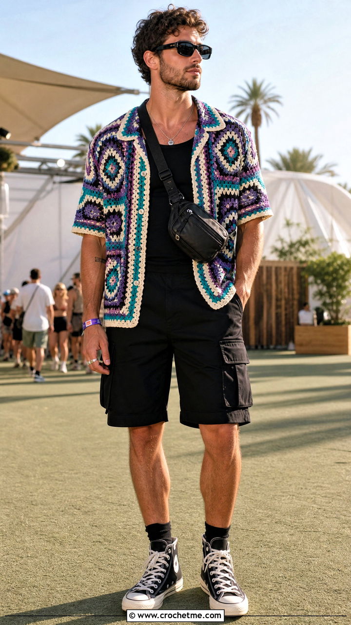 Mosaic Crochet Shirt With Black Cargo Shorts - 35 crochet shirts for men outfit ideas