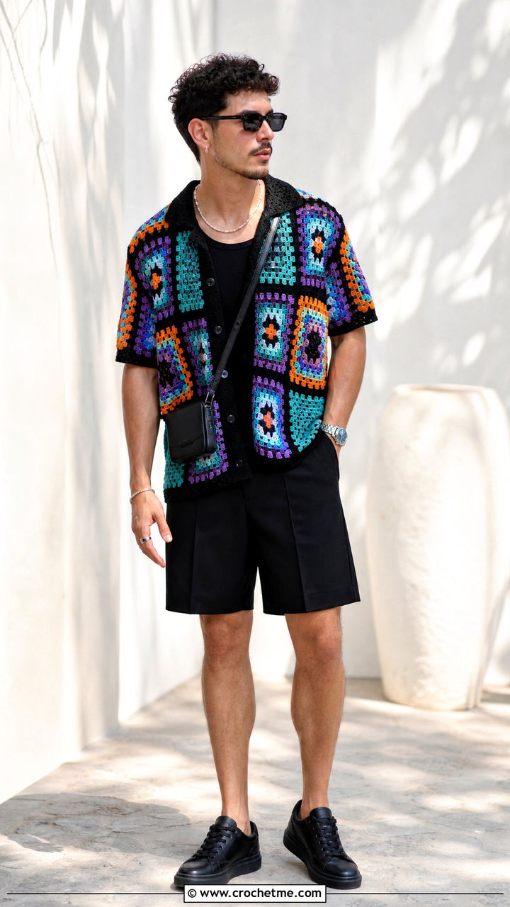 Mosaic Crochet Shirt With Black Shorts - 35 crochet top men outfit ideas