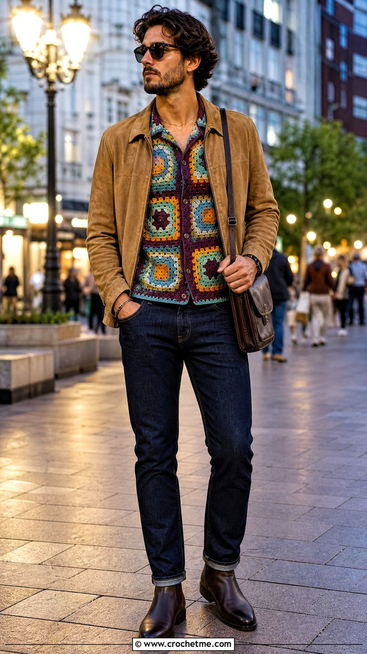 Mosaic Crochet Shirt With Suede Jacket And Jeans - 35 crochet male shirt outfit ideas