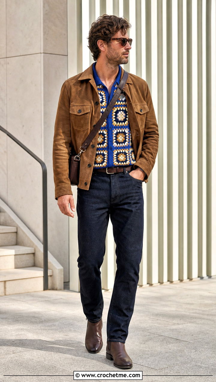Mosaic Crochet Shirt With Suede Jacket - 35 crochet man shirt outfit ideas