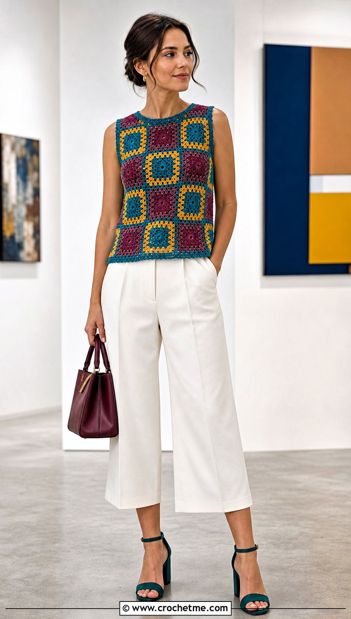 Mosaic Crochet Summer Jumper With Tailored Culottes - 20 Crochet Summer Jumper outfit ideas