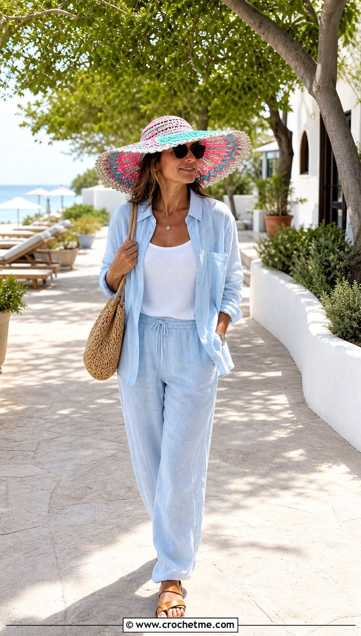 Mosaic Crochet Sun Hat With Linen Set - 35 mosaic crochet hat outfit ideas