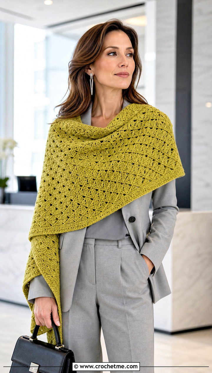 Mosaic Crochet Sweater Scarf Wrap With Monochrome Suit - 30 crochet scarf sweater wrap outfit ideas