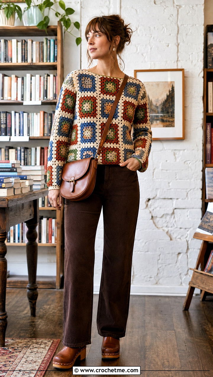 Mosaic Crochet Sweater Top With Corduroy Pants - 35 Crochet Top Sweater outfit ideas