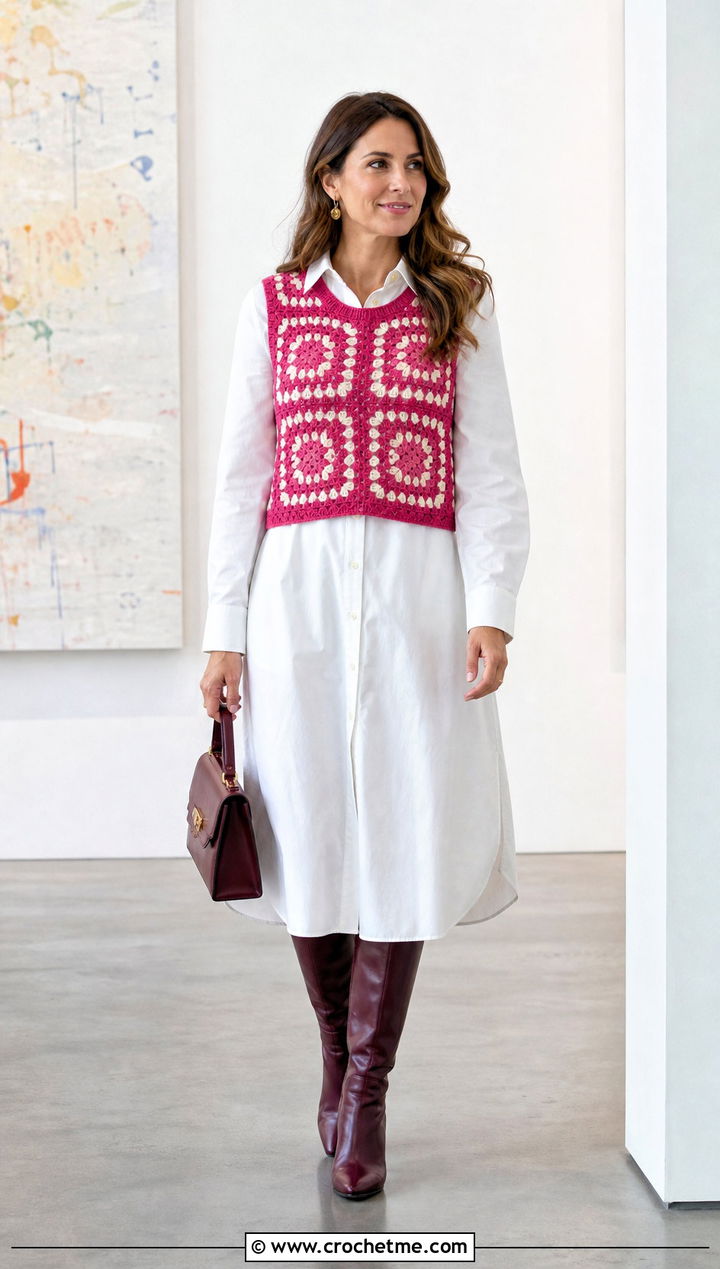 Mosaic Crochet Sweater Vest With Poplin Dress - 25 Mosaic Crochet Sweater outfit ideas