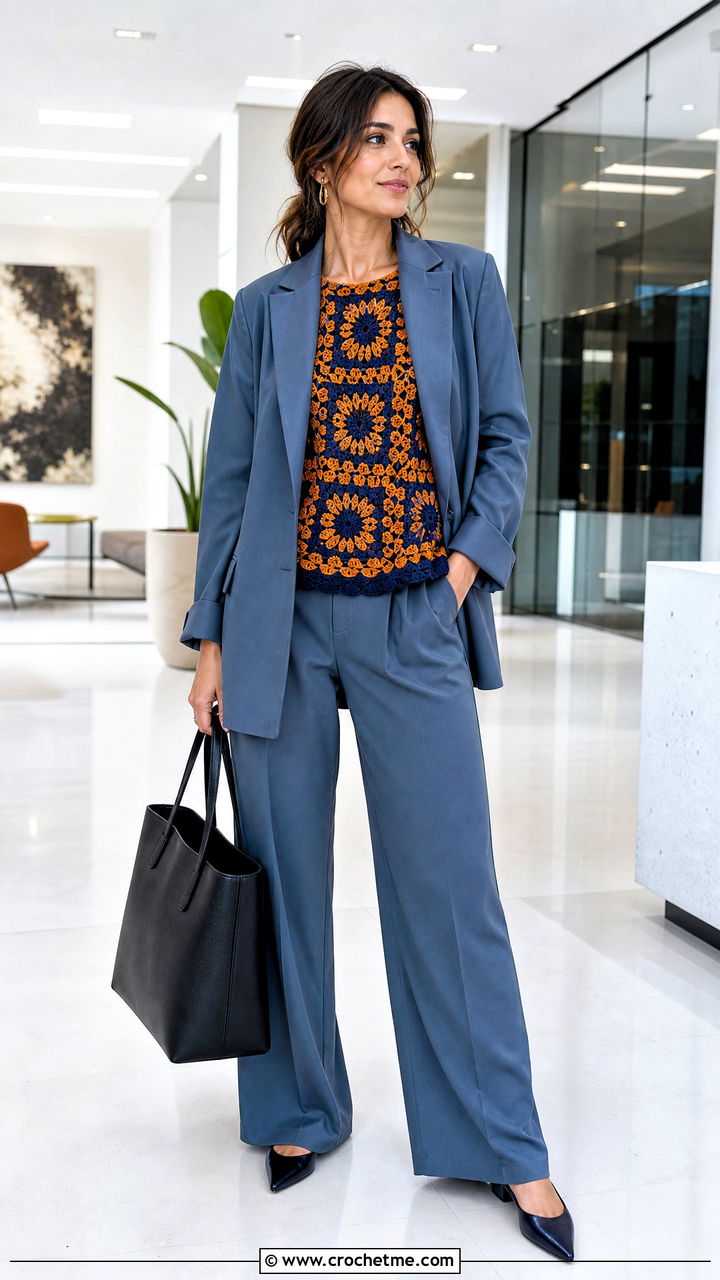 Mosaic Crochet Sweater With A Relaxed Suit - 35 colorful crochet sweater outfit ideas