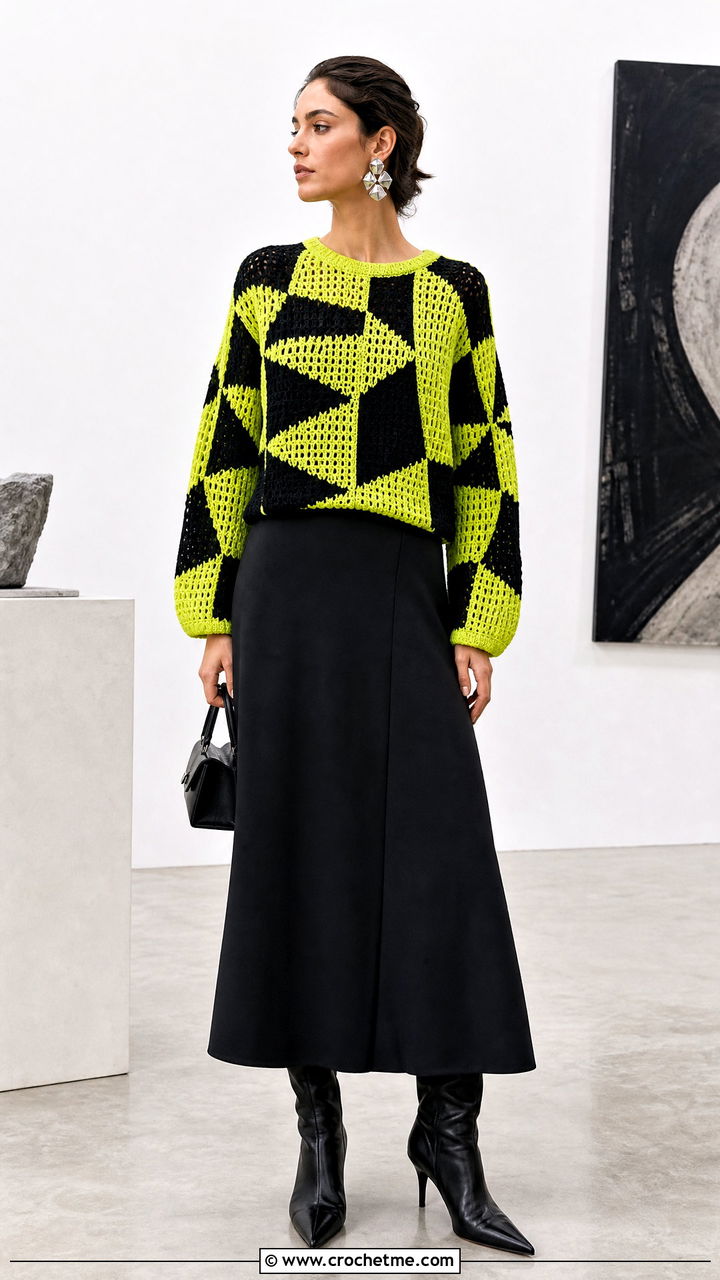 Mosaic Crochet Sweater With Black Maxi Skirt - 35 crochet sweaters outfit ideas