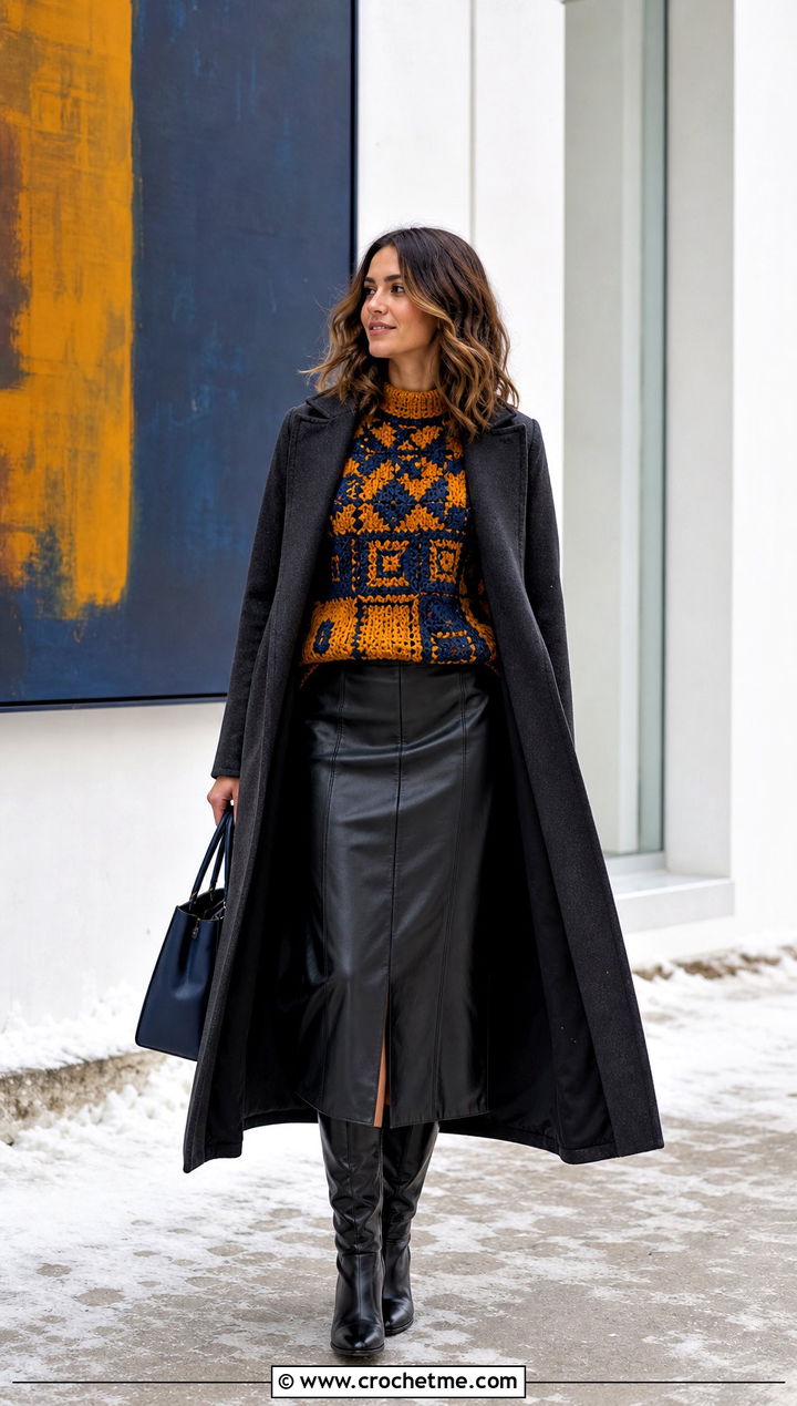 Mosaic Crochet Sweater With Faux Leather Skirt - 30 winter crochet sweater outfit ideas