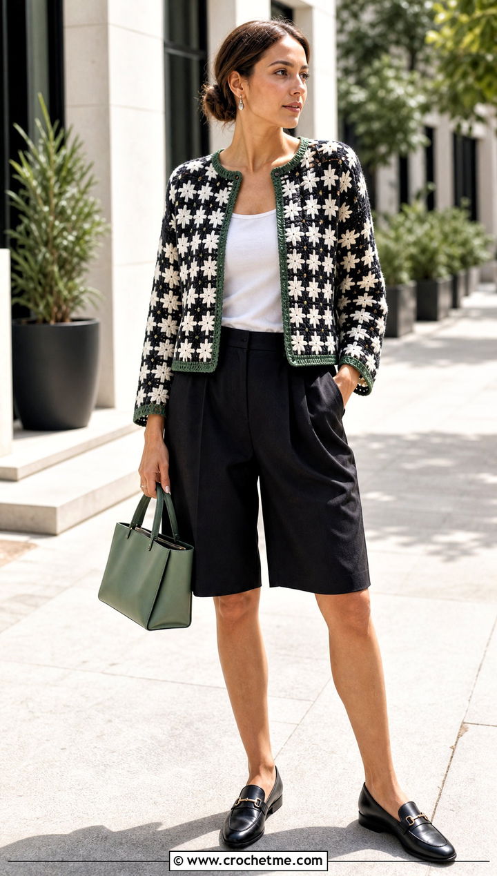 Mosaic Crochet Sweater With Tailored Shorts - 35 black and white crochet sweater outfit ideas