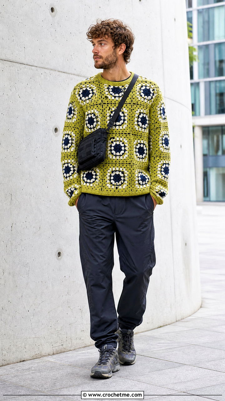 Mosaic Crochet Sweater With Technical Pants - 35 men crochet sweater outfit ideas