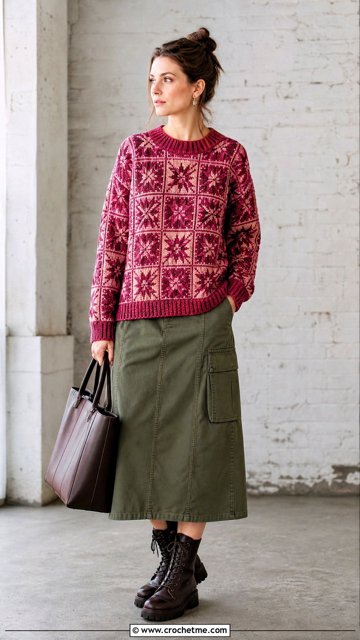 Mosaic Crochet Sweater With Utility Midi Skirt - 35 fall crochet sweater outfit ideas