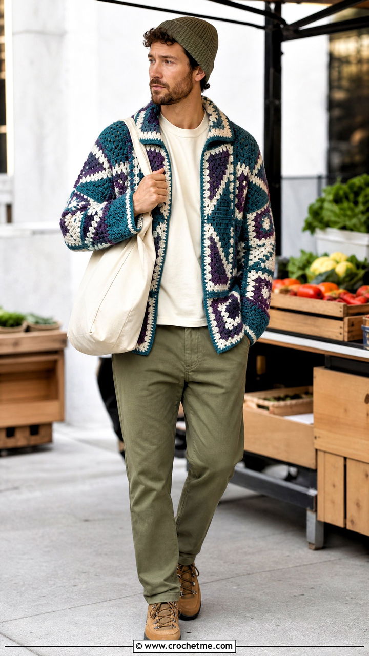 Mosaic Crochet Sweater With Utility Pants - 35 crochet mens sweater outfit ideas