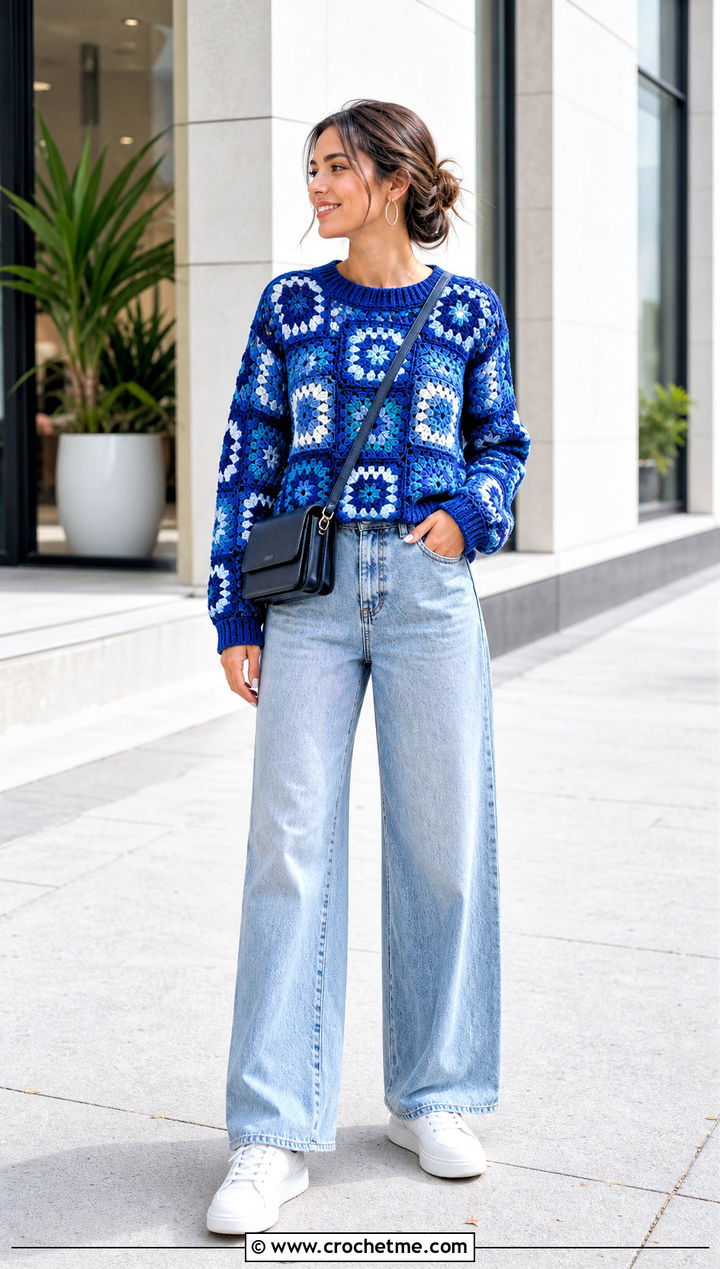 Mosaic Crochet Sweater With Wide Leg Jeans - 15 crochet sweater with geometric outfit ideas
