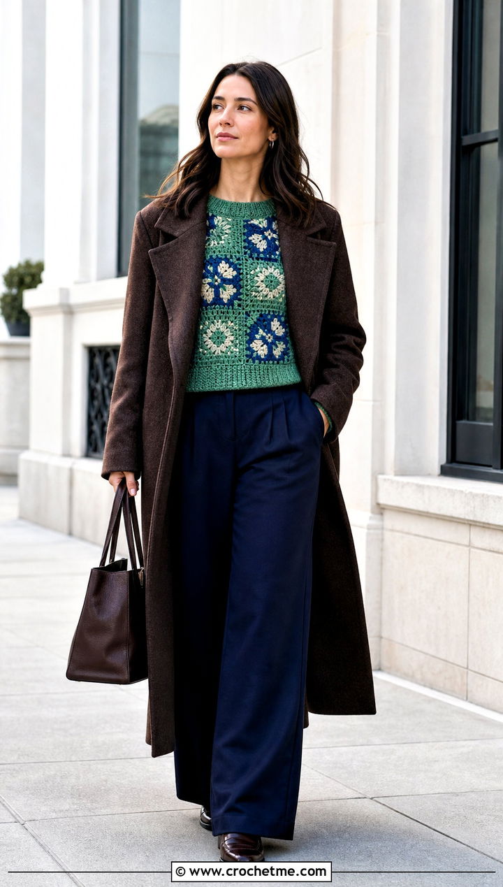 Mosaic Crochet Sweater With Wool Trousers - 30 crochet winter sweater outfit ideas