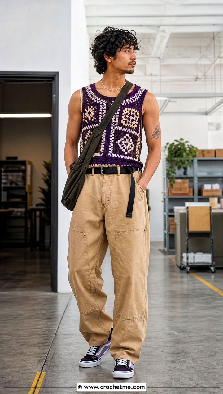 Mosaic Crochet Tank Top With Double Knee Pants - 30 Mens Crochet Tank Top outfit ideas