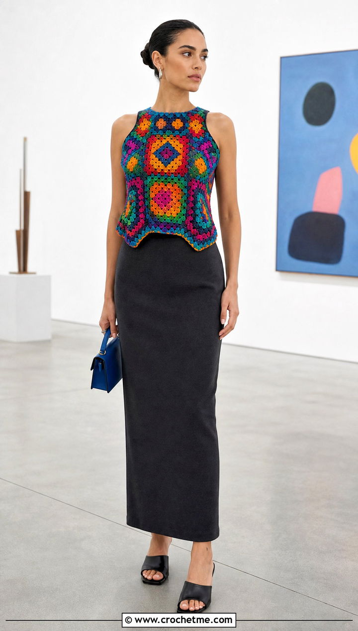 Mosaic Crochet Top With Neutral Column Skirt - 35 Easy Crochet Top outfit ideas