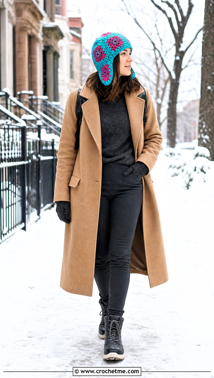 Mosaic Crochet Trapper Hat With Wool Coat - 35 mosaic crochet hat outfit ideas