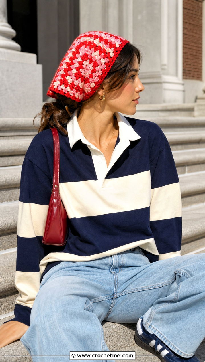 Mosaic Crochet Triangle Hair Scarf With Rugby Shirt And Barrel Jeans - 25 crochet triangle hair scarf outfit ideas