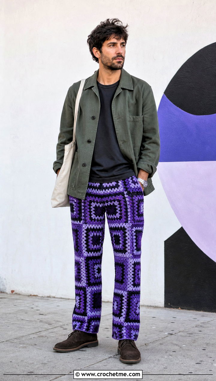 Mosaic Crochet Trousers With Chore Jacket - 15 crochet men pants outfit ideas