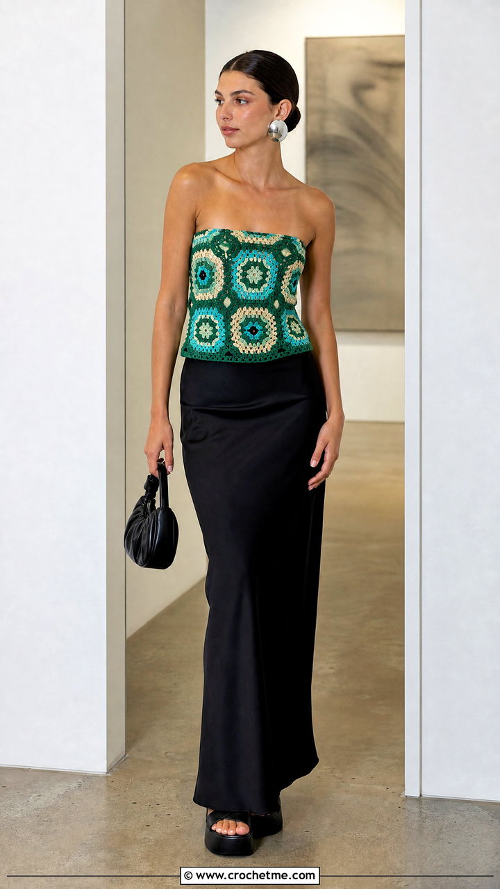 Mosaic Crochet Tube Top With Black Maxi Skirt - 35 crochet tube top outfit ideas
