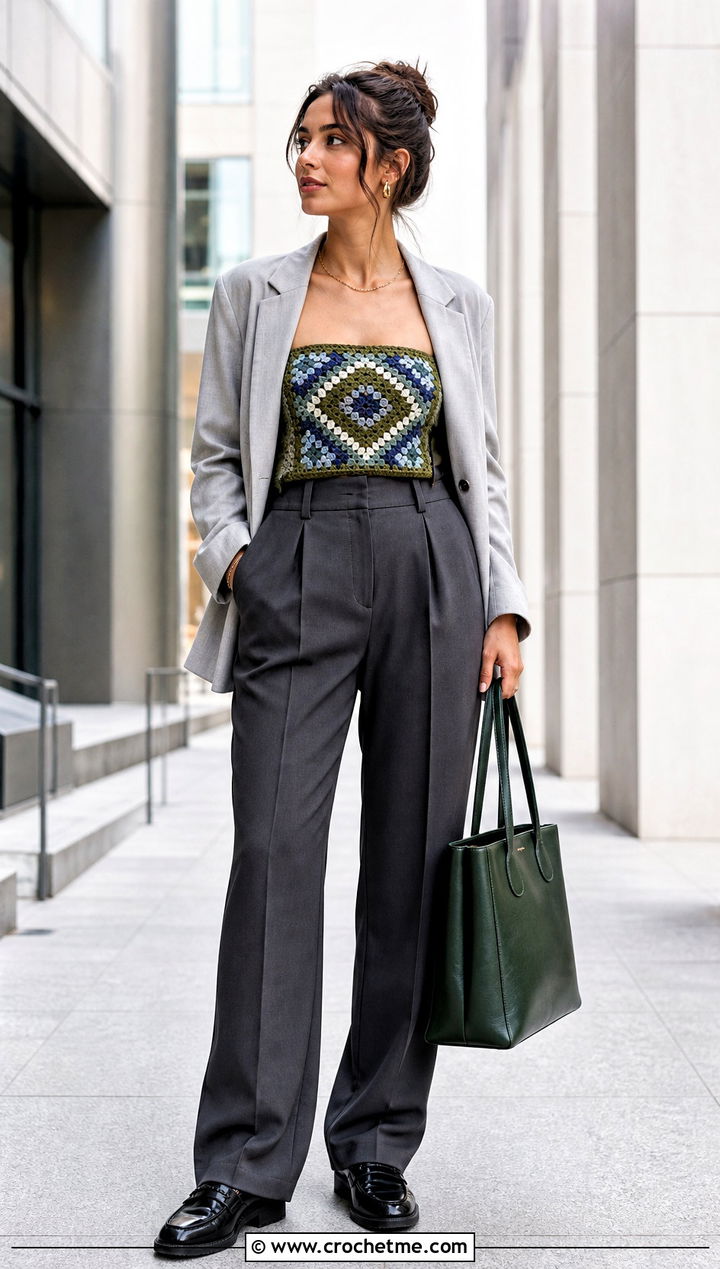 Mosaic Crochet Tube Top With Pleated Trousers - 25 Easy Crochet Tube Top outfit ideas