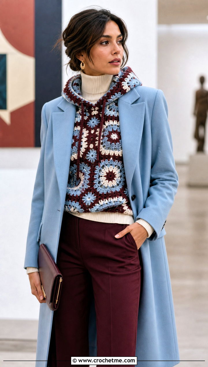 Mosaic Crochet Turtle Neck Hoodie With Longline Blazer - 30 crochet turtle neck hoodie outfit ideas