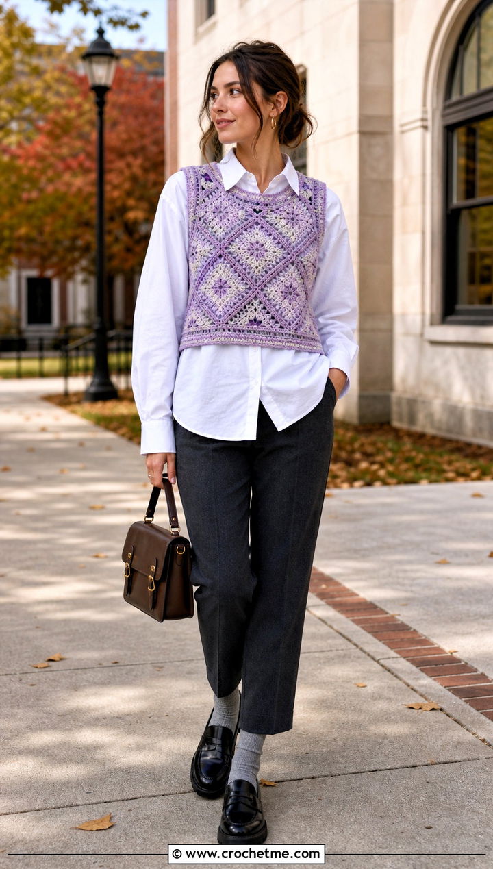 Mosaic Crochet Vest Top With Poplin Shirt - 15 crochet top with intricate outfit ideas